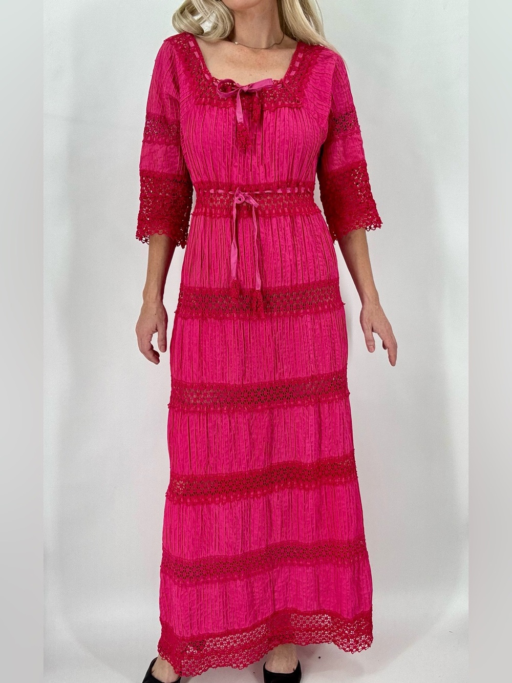 Vintage Hot Pink Boho Peasant Maxi Dress Lace Trim 70s Cottage Folk Statement